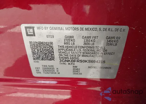 2019 Chevrolet Blazer Premier из США, поврежденный, VIN 3GNKBFRS0KS694315